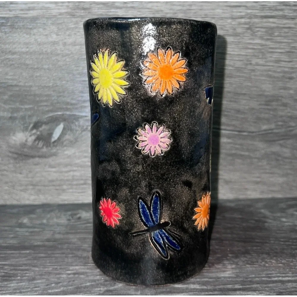 Artisan Ceramic Vase Metallic Black with Sunflowers Dragonflies and Butterflies